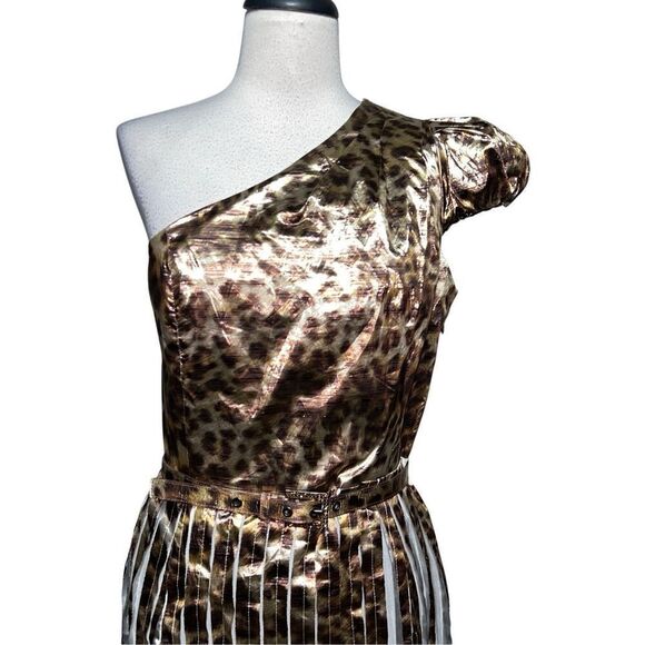 ST. JOHN Couture NWT Leopard Print One Shoulder Metallic Cocktail Dress Size 6 - Picture 2 of 14